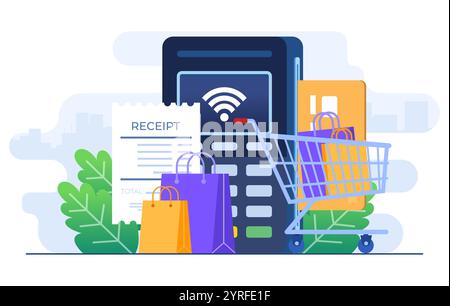 Terminal für kontaktlose und drahtlose Warenzahlung flache Illustration Vektorvorlage, POS-Terminal bestätigt die Zahlung per Debitkarte, Rechnung, Einkauf Stock Vektor