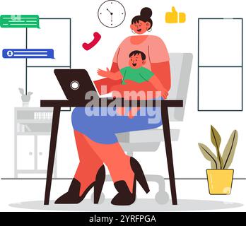 Working Mom's Life Vector Illustration mit einer Mutter Balancing Arbeit und Kinderbetreuung zu Hause, Multitasking in einem flachen Stil Cartoon Hintergrund Stock Vektor