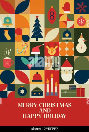 Geometrische Weihnachten flache Vektor-Illustration mit Feiertagsymbolen – abstrakter moderner Weihnachtshintergrund Stock Vektor