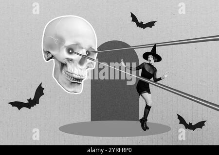 Collage Foto Poster Skizze Hexe Lady tragen schwarzes Kegel Kostüm Angst Look Skelett Schädel Laser Vision Teufelsmonster isoliert auf grauem Hintergrund Stockfoto
