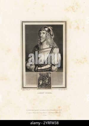 Selbstporträt von Albert Durer (1471-1528), deutscher Renaissanceszene, Geschichte und Porträtmaler. Dieses Porträt stammt aus dem Jahr 1498, als der Künstler 26 Jahre alt war. Mit Vignette von Ritter, Tod und Teufel. Stahlstich von John Corner aus „Porträts gefeierter Maler mit Medaillons aus ihren besten Leistungen“ 1825. Stockfoto