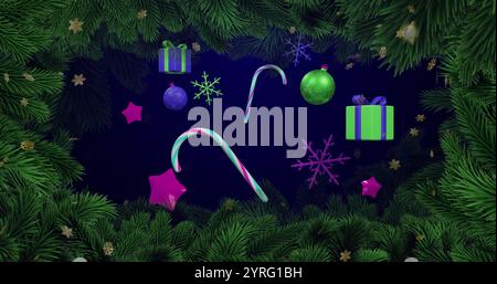 Bild von Sternen über Tanne und weihnachtsdekoration auf schwarzem Hintergrund Stockfoto