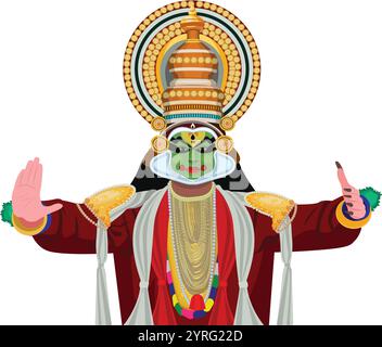 Kathakali Dance Face, traditionelle Form des klassischen indischen Tanzes, Kerala traditioneller Volkstanz kathakali, Kerala Festival Happy Onam mit kathakali Stock Vektor
