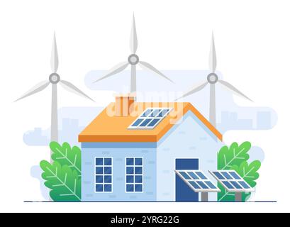 Green Energy Concept flache Illustration Vektorvorlage, Landschaft mit modernem Haus, Solarpaneele und Windturbinen, energieeffizientes Haus, erneuerbar Stock Vektor