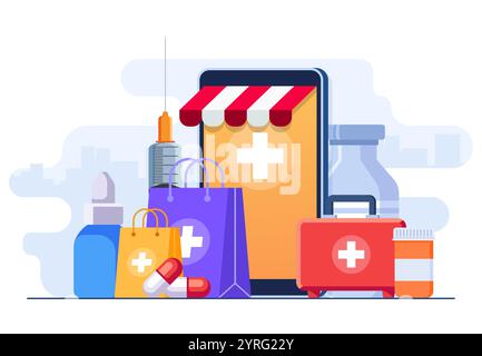 Menschen kaufen Pillen, Flaschen, Vitamine, Medikamente in Online-Apotheke Konzept flache Illustration Vektor Vorlage, verschreibungspflichtige Medikamente bestellen, Pharma Stock Vektor