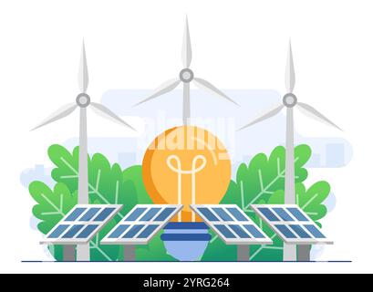 Konzept für grüne Energie, Stromerzeugung mit Solarpaneelen und Windturbinen, energieeffizientes Haus, erneuerbare Energien, Ökologie, Alternative ener Stock Vektor