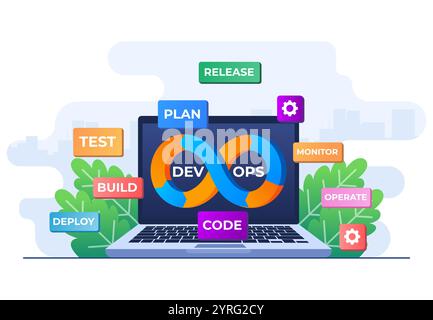 DevOps Konzept flache Illustration Vektorvorlage, Software-Entwicklung und IT-Betrieb, Zeichen der Unendlichkeit als Symbol Software Engineering, Technische s Stock Vektor