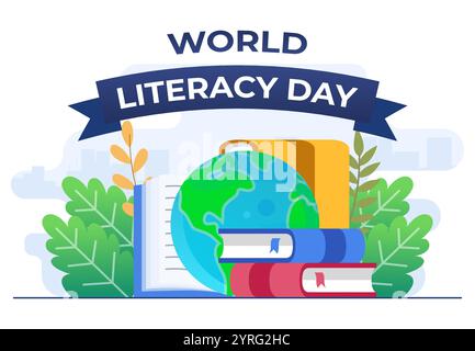 Internationaler Alphabetisierungstag flache Vektor-Illustration Banner mit Büchern und Globus, 8. September, Bücher lesen, Weltliteraturtag feiern, Happy L Stock Vektor