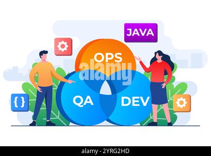 Programmierer üben Entwicklung und Softwarebetrieb, DevOps-Methodik, technischer Support, Automatisierungsprozess, Softwareentwicklung und IT-Betrieb Stock Vektor