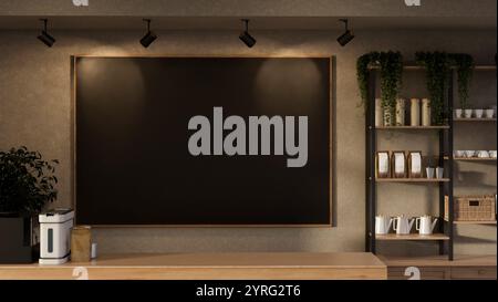 Ein großes schwarzes Postergestell in einem gemütlichen, modernen Café, beleuchtet von den Spots. 3D-Rendering, 3D-Abbildung Stockfoto