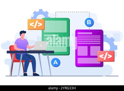 Ab Testkonzept flache Illustrationsvektorvorlage für Website-Banner, Vergleich geteilter Drahtmodellanwendung auf Display-Smartphone, Vergleich Test-Re Stock Vektor