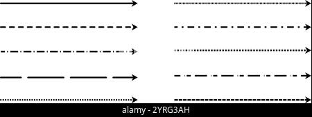 Schwarzer gerader, dünner gestrichelter Pfeil. Sammlung mit langen gepunkteten Pfeilen. Lineares Streifenelement-Bündel für Flyer, Poster, Broschüre, Broschüre, Banner. Skizzierte Zeiger und Richtungslinien kritzeln. Vektor Stock Vektor