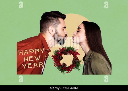 Kreative 3D Foto Collage Trend Kunstwerk Vorlage von Paar Bonding Kuss Kopf Gesicht junge Dame Mann Kuss Happy New Year Dekor Urlaub Stockfoto