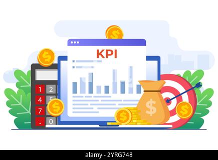 KPI, Key Performance Indicators Business Technical Concept Flat Vector Illustration, Performance Evaluation and Dynamics on Dashboard, Strategy, Data Stock Vektor