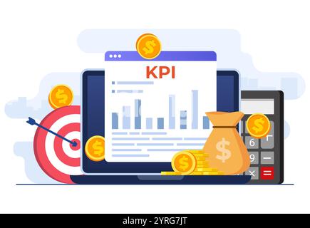 KPI, Key Performance Indicators Business Technical Concept Flat Vector Illustration, Performance Evaluation and Dynamics on Dashboard, Strategy, Data Stock Vektor