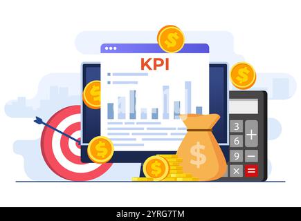 KPI, Key Performance Indicators Business Technical Concept Flat Vector Illustration, Performance Evaluation and Dynamics on Dashboard, Strategy, Data Stock Vektor