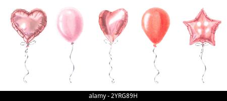 Set von Ballons in verschiedenen Formen Sterne, Kugeln und Herzen. Handgezeichnete Aquarellillustration dekorativer Elemente auf einem weißen isolierten Hintergrund. Stockfoto