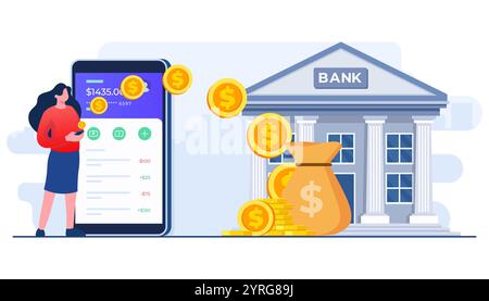 Menschen senden und empfangen Geld über die mobile Online-Banking-App, elektronische Geldbörse, mobile Banktransaktion, Secure Money Transfer Gateway Flat illust Stock Vektor