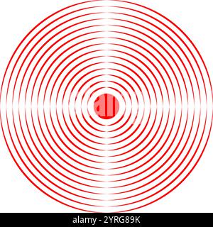 Rote konzentrische Kreise. Symbol für die Schmerzlokalisierung. Symbol für Wunde oder Entzündung. Vibrations-, Strahlungs- oder Stoßwellenzeichen. Radar- oder Tonsignalpiktogramm isoliert auf weißem Hintergrund. Vektorabbildung. Stock Vektor