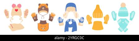 Wintertrikots für Kinder. Stricksets mit Fäustlingen, Hüten und Schals, warme Wollkleidung, lustige Designs mit Tierohren und Gesichtern, gemütliche Kinderbekleidung Stock Vektor