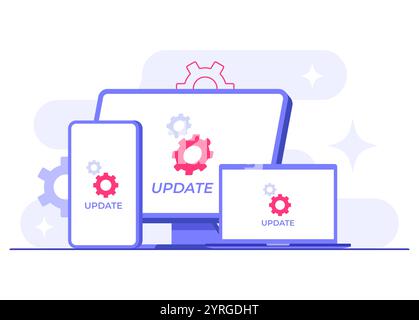 Geräte mit Software-Update-Bildschirmen flache Vektorgrafik, Systemwartung, Aktualisierungsprozess, Software installieren, Betriebssystem Stock Vektor