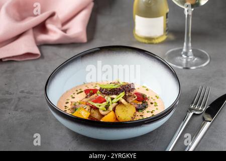 Gegrillter Tintenfisch mit cremiger Sauce, Kartoffeln und Gemüse Stockfoto