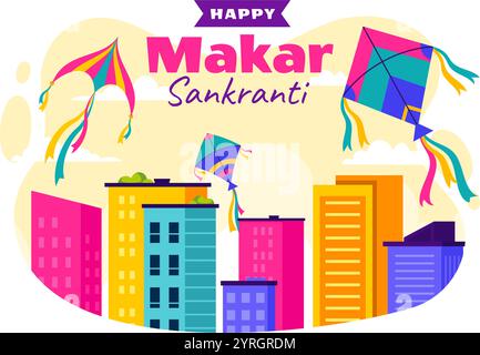 Makar Sankranti Vektor-Illustration. Übersetzung das Erntefest. Indisches fest mit fliegenden bunten Kites und festlicher Aktivität im Hintergrund Stock Vektor