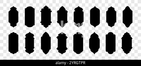 Form islamischer Tür und Fenster. Satz schwarzer muslimischer Rahmen. Marokkanische Tore auf transparentem Hintergrund. Vektorillustration im orientalischen Stil Stock Vektor