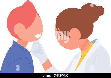 Ärztin, Ärztin, Ärztin in weißen Peelings, untersuchte Patient Kind Junge. Kinder besuchen einen Arzt für eine Untersuchung. Stock Vektor