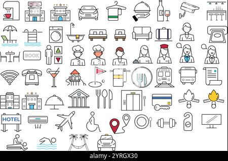 Hotel- und Resort-Icons, Reise- und Tourismus-Set von Web-Ikonen im Linienstil. Reise- und Urlaubssymbole für Web- und mobile App. Tickets, Tour, Relax, Stock Vektor