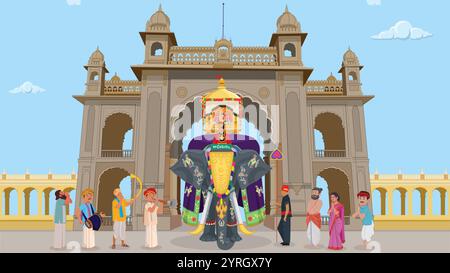 Mysore dasara, Balarama, ist der Elefant der Dasara-Prozession und trug das Idol der Göttin Chamundeshwari, Musiker, der auftrat und Menschen beobachtete Stock Vektor