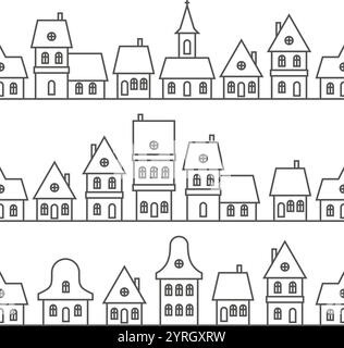 Nahtloser Weihnachtsrand für den Winter. Das Dorf beherbergt Silhouetten der Nachbarschaft. Eine Reihe von niedlichen Gebäuden und Kirchen auf weißem Hintergrund. Vektor Stock Vektor