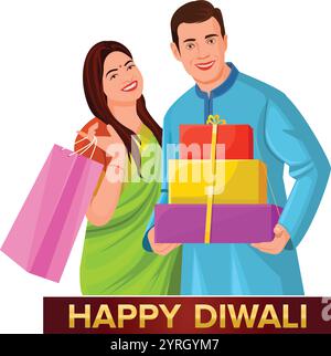 Paare feiern Diwali, halten Geschenkbox in der Hand, indisches Lichterfest Happy Diwali mit glücklicher Familie, Stock Vektor