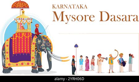 Mysore Dasara Elefant, Balarama war der führende Elefant der Mysore Dasara Prozession und trug das Idol der Göttin Chamundeshwari, Stock Vektor