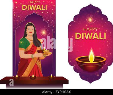 Glückliches Diwali Festival der Lichter, indischer Festival Hintergrund, Diwali Feier Grußkarte, Vektor Illustration Design. Stock Vektor