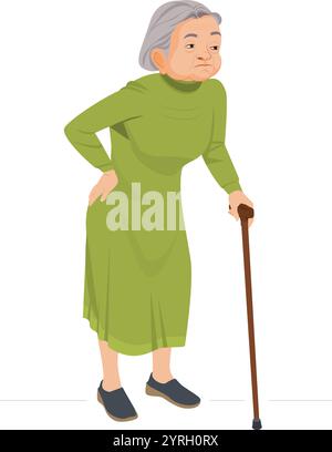 Alte Frau, die mit Stock läuft, Seniorinnen und stehend und mit Stock geht. Ältere Menschen Zeichentrickfigur Stock Vektor
