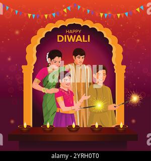 Happy Diwali mit glücklicher Familie, indisches Lichterfest, Diwali Feier Grußkarte, Feiertagshintergrund, Stock Vektor