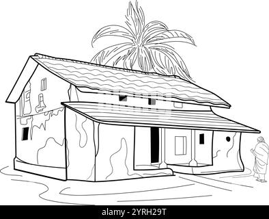 Indisches Dorf Lehmhaus, indisches Dorf altes Haus, indisches Bauernhaus, handgezeichnet in dünner Linie Stil Stock Vektor