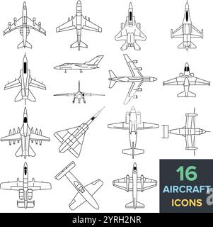 Flugzeugsymbole, handgezeichnete Linien, internationale Standorte, nationale und internationale und Luftwaffe Stock Vektor