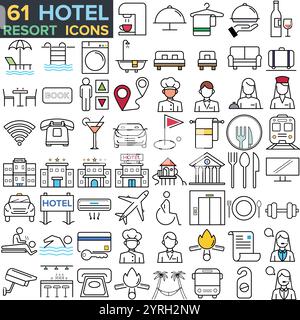 Hotel- und Resort-Icons, Reise- und Tourismus-Set von Web-Ikonen im Linienstil. Reise- und Urlaubssymbole für Web- und mobile App Stock Vektor