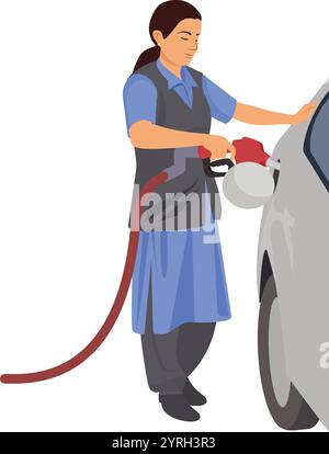 Tankstellenmädchen, Tankstellenmädchen, betankt Auto in einer Tankstelle Stock Vektor