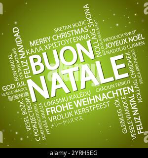 Wort Wolke mit Text Frohe Weihnachten in verschiedenen Sprachen, in der Mitte eine überdimensionale und Fett in Italienisch geschrieben Stock Vektor