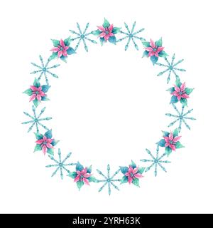 Ein Kranz aus Weihnachtsstern und Schneeflocken, handbemalt in Aquarell Stockfoto
