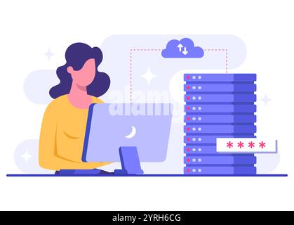Ingenieure arbeiten mit Cloud-Computing und Datenbankdiensten, Daten synchronisieren, sichere Dateifreigabe, Dateien auf dem Cloud-Server hochladen und herunterladen, Daten Stock Vektor