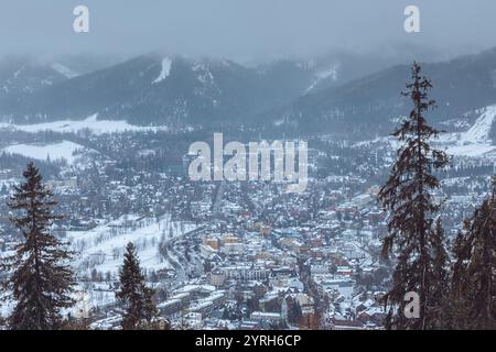 Panoramablick auf die Stadt zakopane, die mit Schnee bedeckt ist, mit Skipisten im Hintergrund an einem bewölkten Wintertag, Tannen im Vordergrund, tatra-Berg Stockfoto