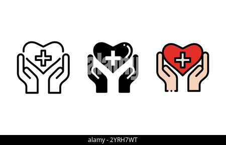 Symbol Gesundheitswesen. Vektorsymbol mit Kontur, Glyphe und gefülltem Konturstil, dargestellt durch eine umgedrehte Hand, ein Herz und ein Pluszeichen. Stock Vektor