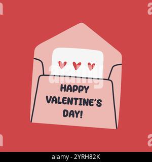 Einfache Valentinskarte mit Umschlag. Flache Vektorherzen handgezeichnete Kritzelei. Einfach, minimalistisch, Urlaubskarte. Stock Vektor