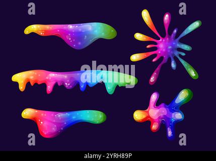 Tropfender Regenbogenschleim mit leuchtenden Farben. Rainbow Splash Kollektion auf transparentem Hintergrund. Ideal, um verspielt und giftig zu sein Stock Vektor