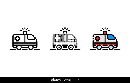 Krankenwagen-Symbol. Vektorsymbol mit Kontur, Glyphe und ausgefülltem Konturstil, dargestellt durch einen Van und ein Pluszeichen. Ideal für Gesundheitsthemen. Stock Vektor