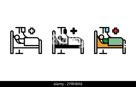 Patientensymbol. Vektorsymbol mit anderem Stil. Dies wird durch eine Person dargestellt, die auf einer Matratze liegt und eine Infusionslösung erhält Stock Vektor
